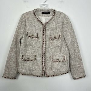 ZARA Tweed Blazer Jacket Large Tan W Ribbon Trim Flap Pockets 8741/1020